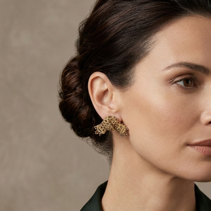 Woman wearing japanese bow stud earrings against a neutral background