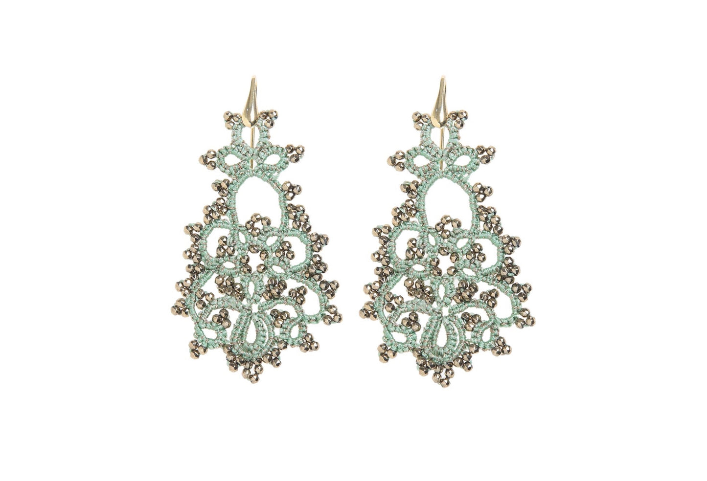 Melina handcrafted lace earrings mint gold white backround