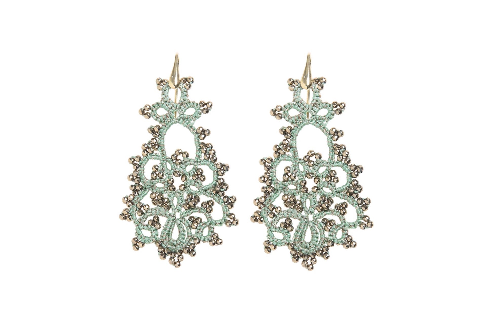 Melina handcrafted lace earrings mint gold white backround