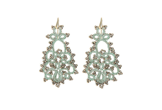 Melina handcrafted lace earrings mint gold white backround