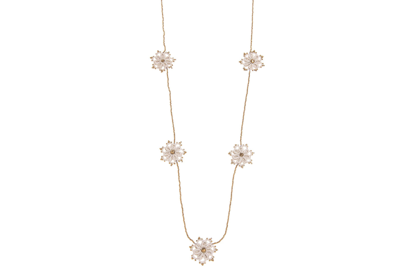 Hanadcrafted lace necklace with floral pendant on a white background