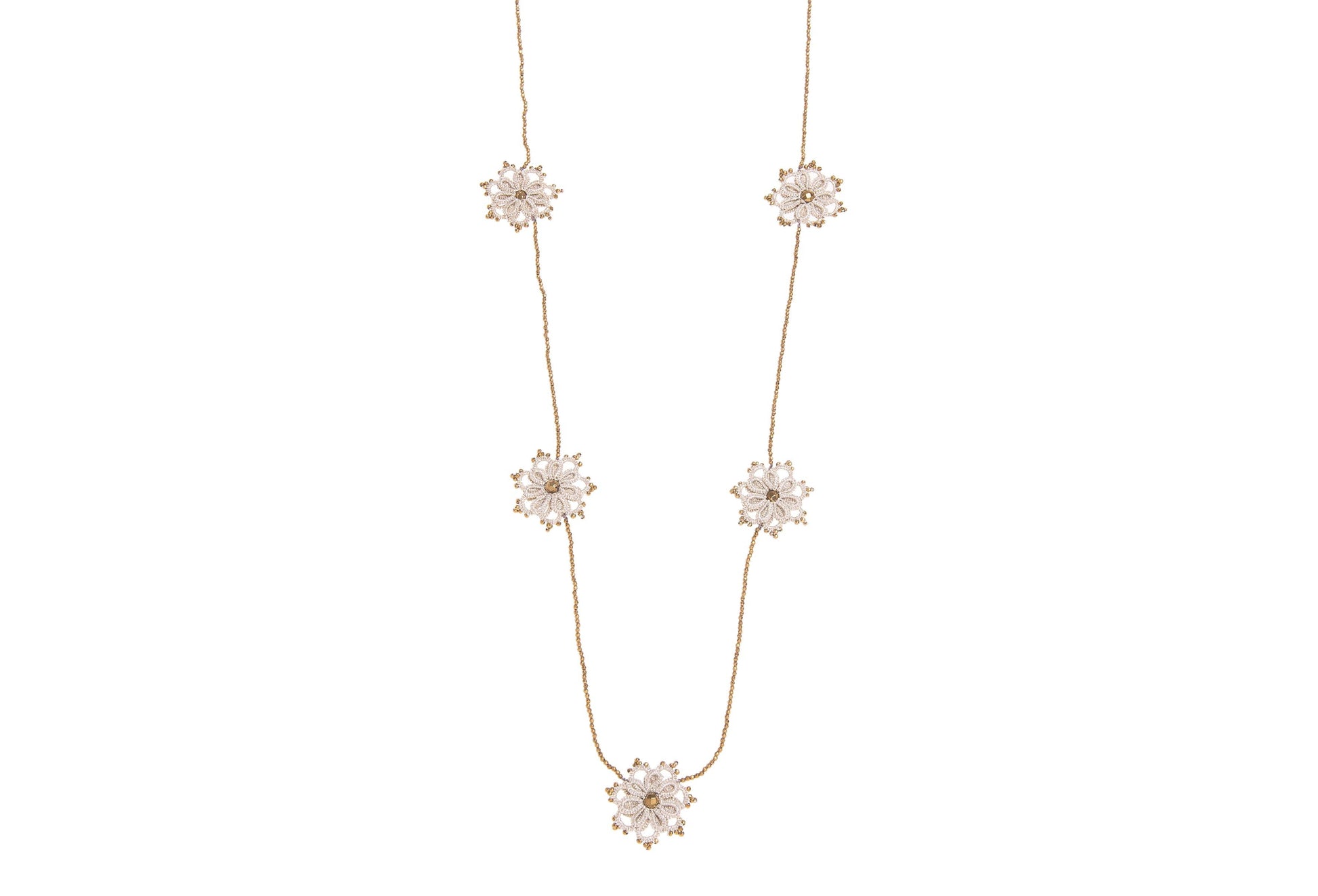 Hanadcrafted lace necklace with floral pendant on a white background