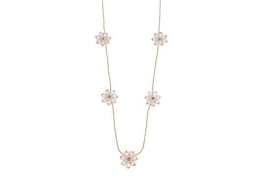 Hanadcrafted lace necklace with floral pendant on a white background