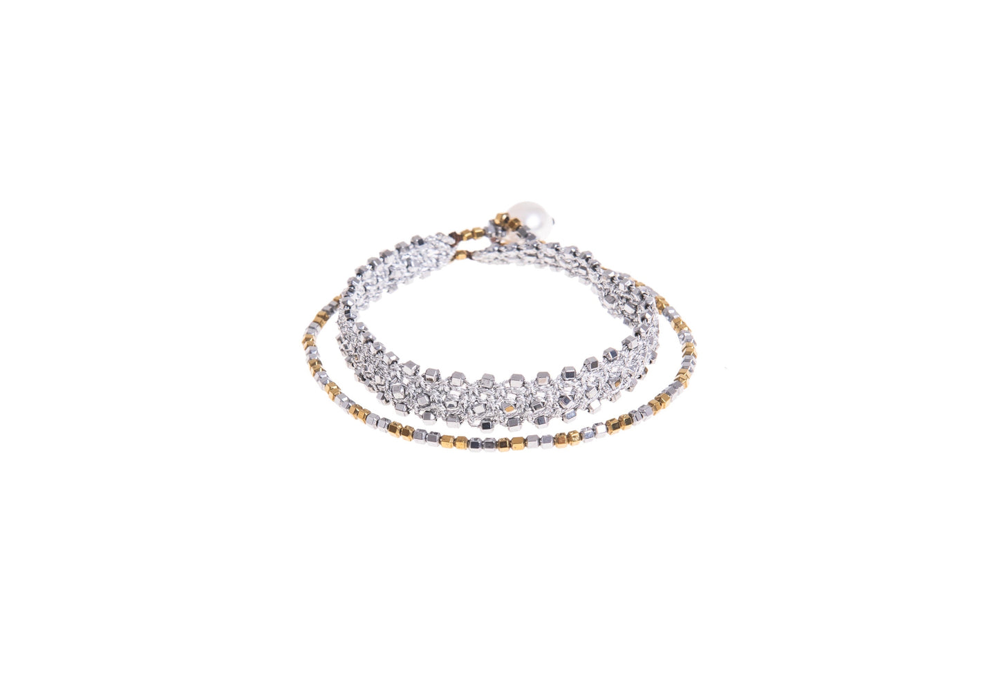 Tennis handcrafted lace & chain gemstone bracelet on a white background