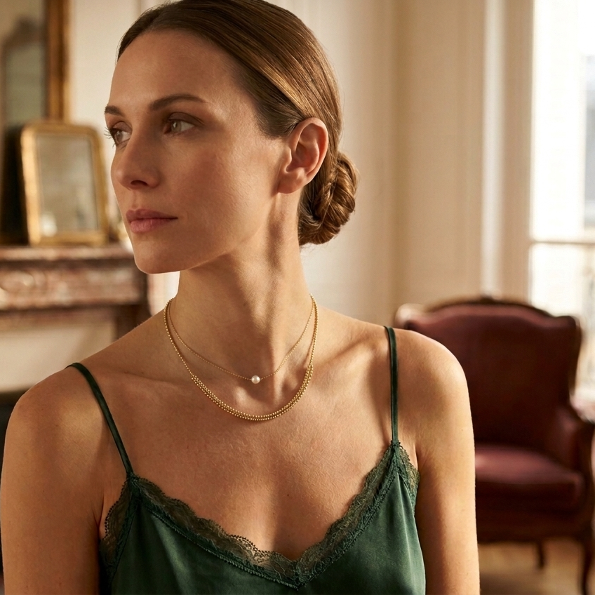 Handcrafted lightweight sustainable gold lace necklace with gemstones and pearl on an elegant woman