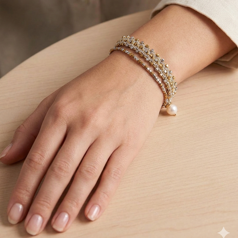 Close-up of Tennis handcrafted lace & chain bracelet