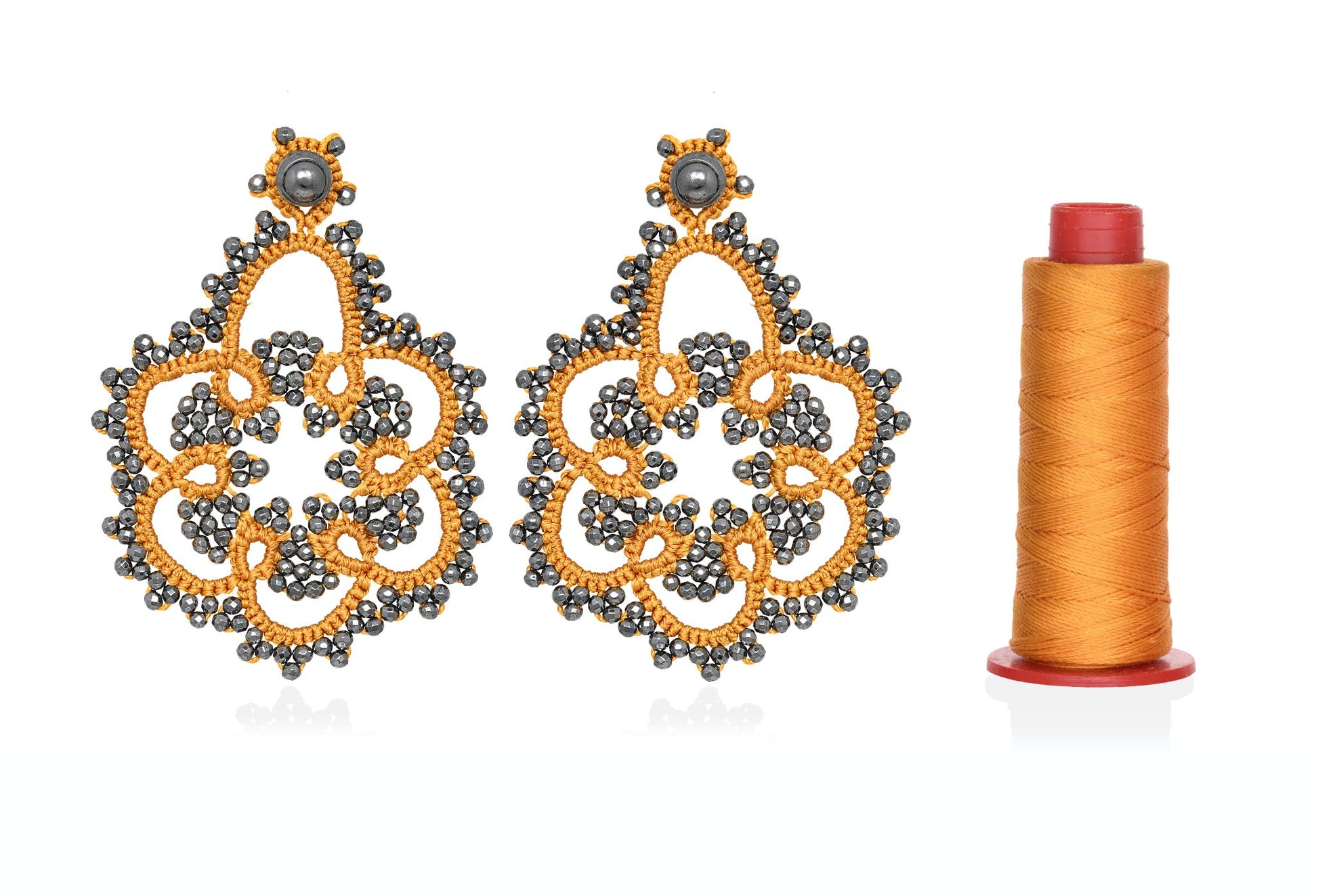 Vintage Flower handcrafted gemstone earrings yellow dark grey
