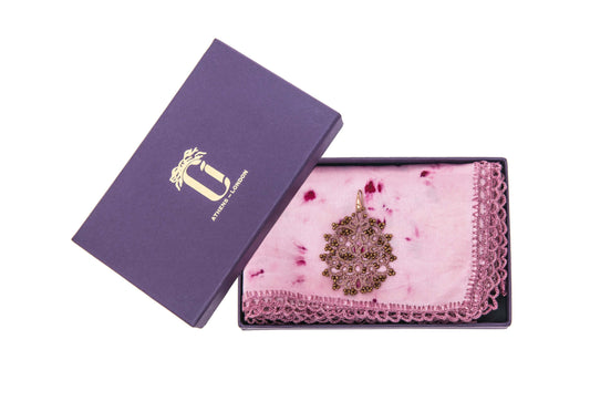 Botanically dyed silk scarf & lace earrings, sticklack/cochineal
