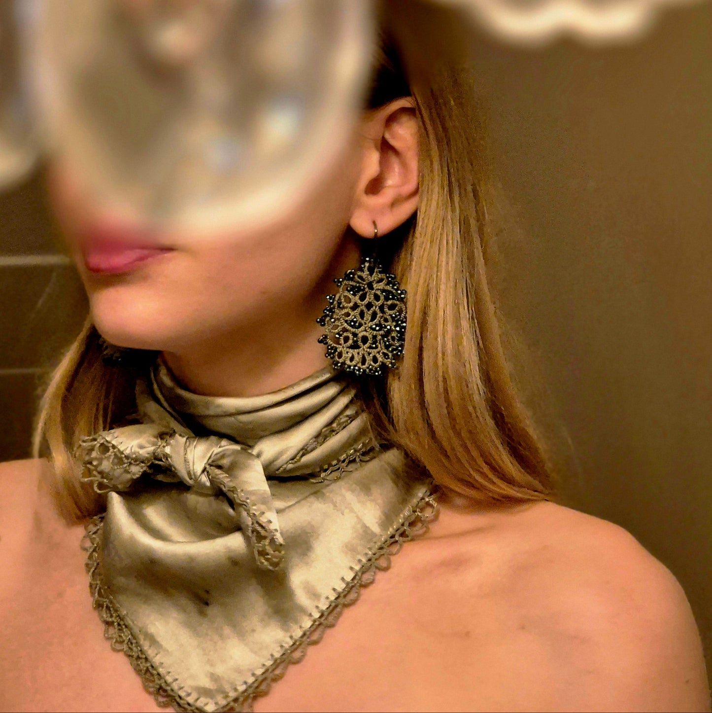 Botanically dyed silk scarf, Gaia handcrafted lace earrings 