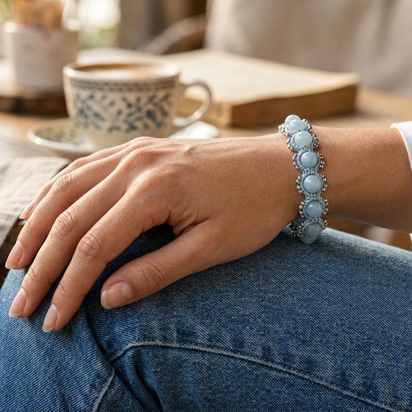 Handcrafted lightweight sustainable angelite lace bracelet with gemstones