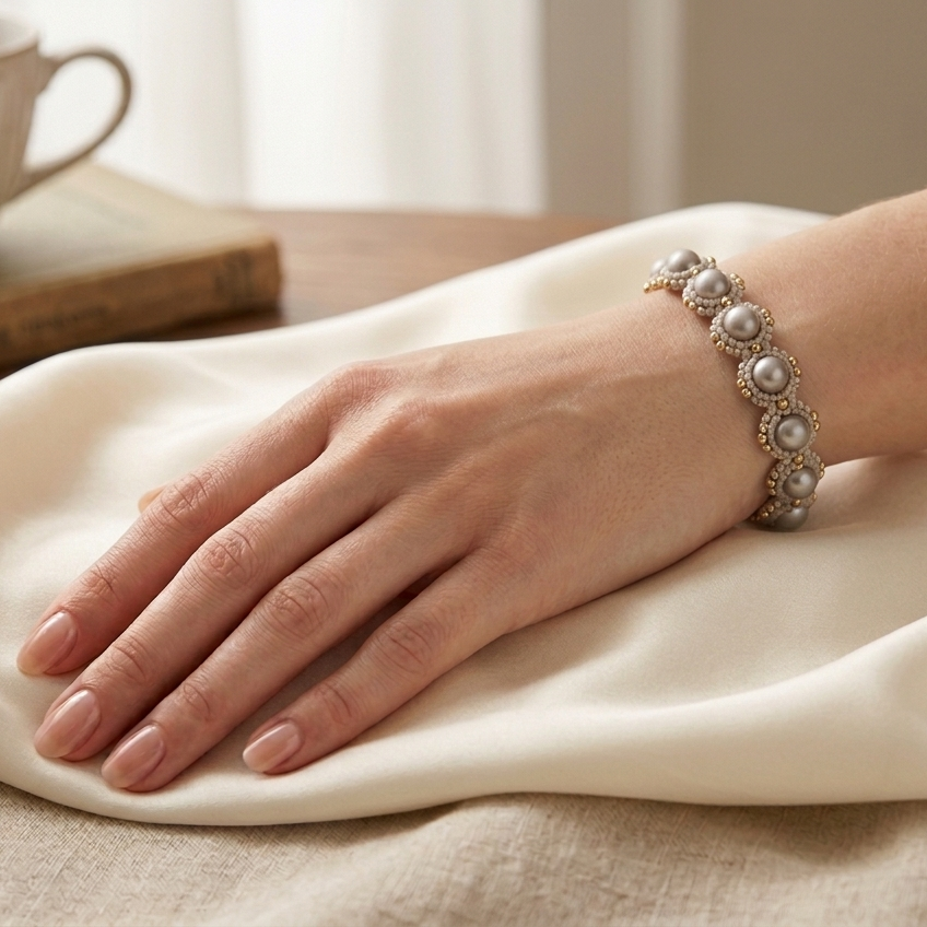 Handcrafted lightweight sustainable lace bracelet with gemstones and fresh water pearls