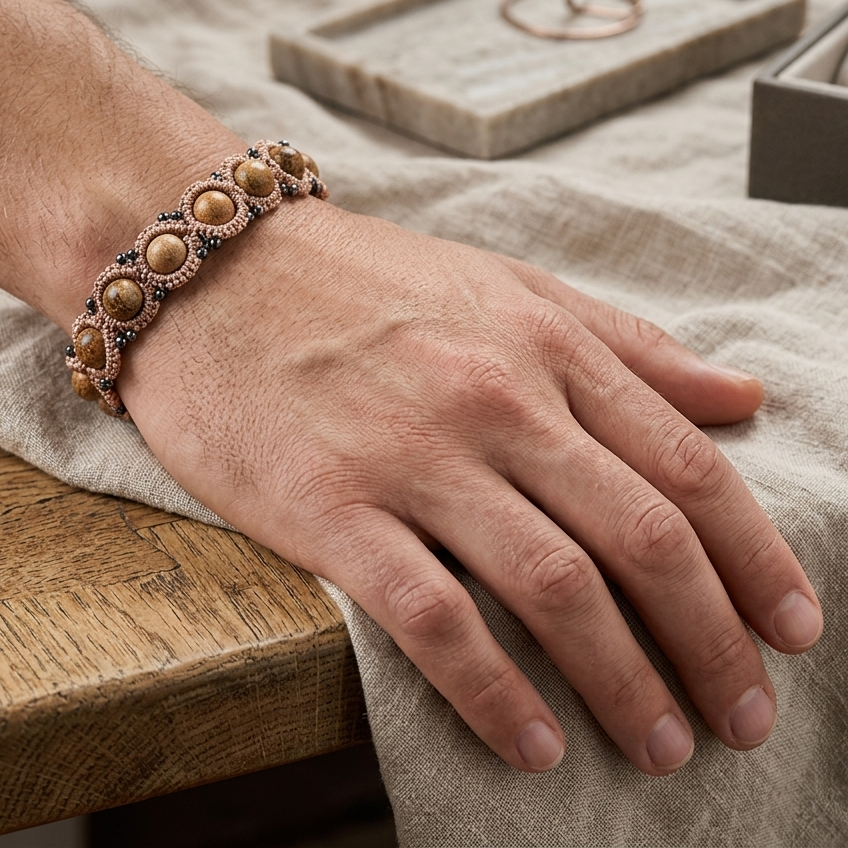 Handcrafted lightweight sustainable  lace bracelet with gemstones on a male hand