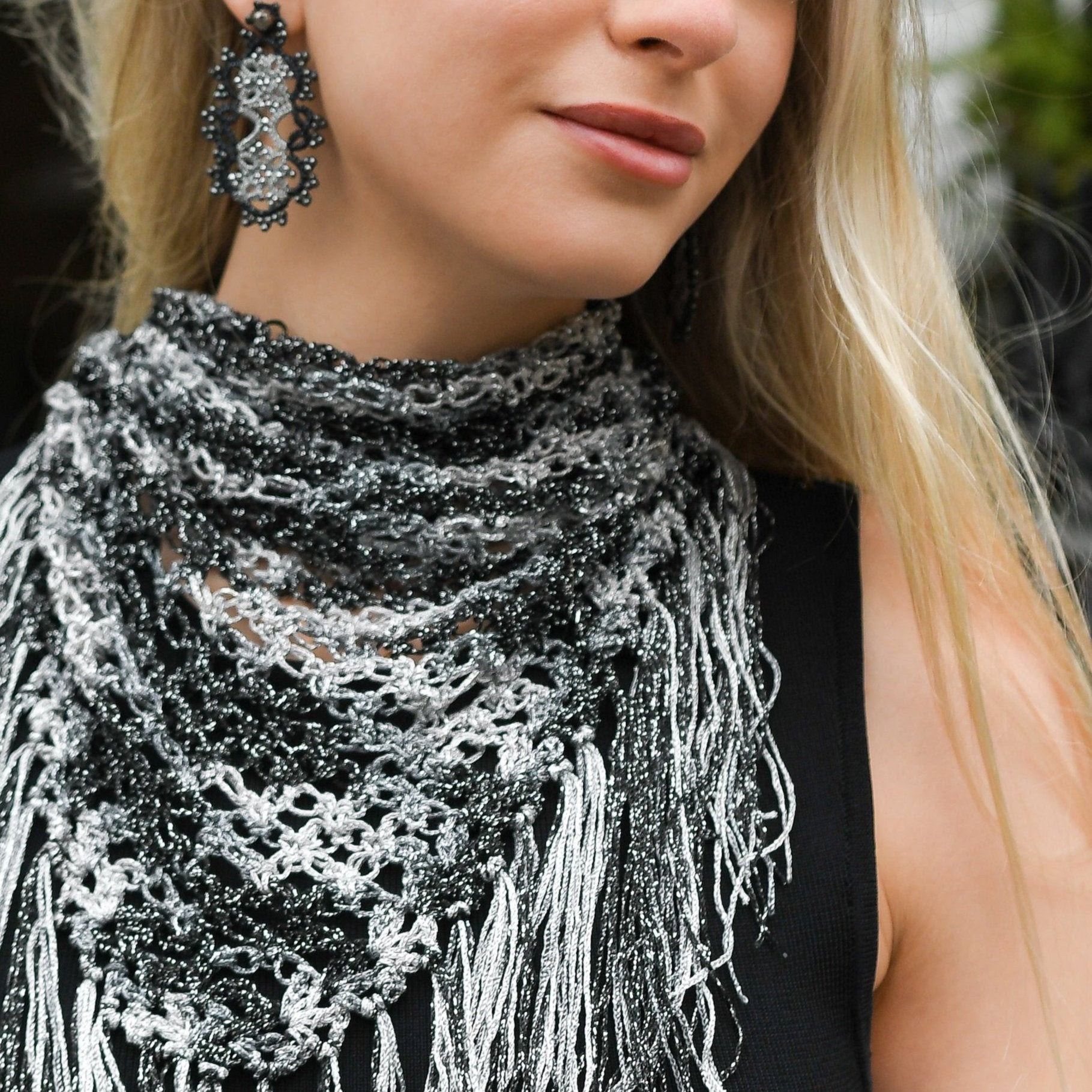 View of hand-crocheted scarf/neck accessory being worn