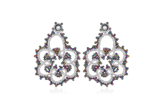 Flower lace earrings, white rainbow