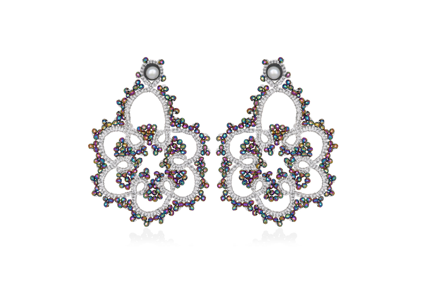 Flower lace earrings, white rainbow