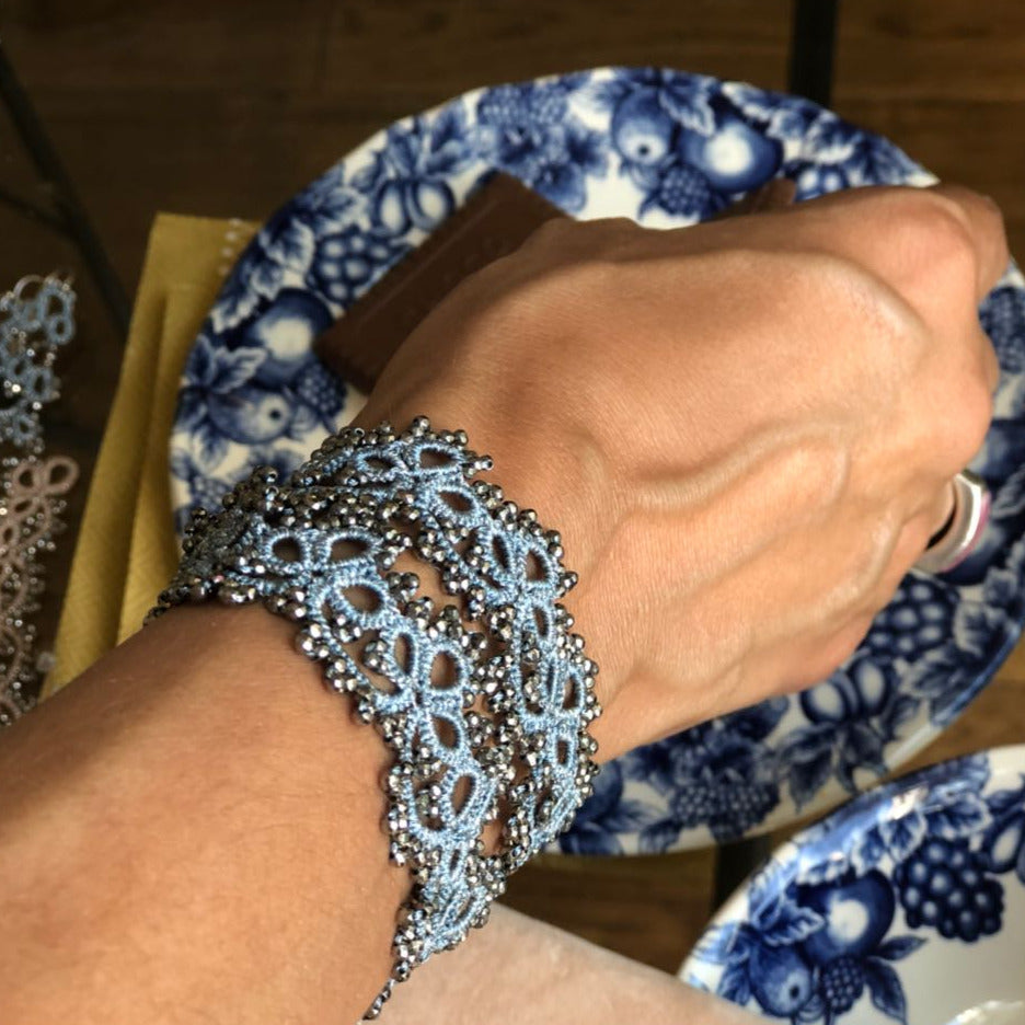 Amelia lace bracelet, baby blue dark grey