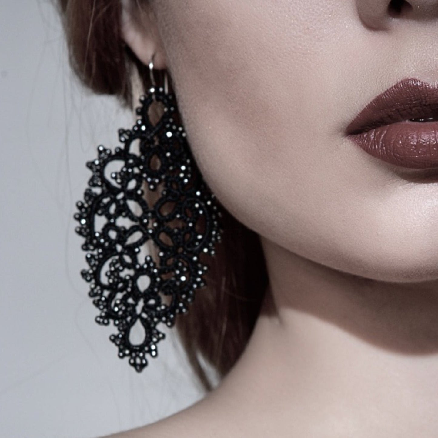 Diana lace earrings, olive dark grey
