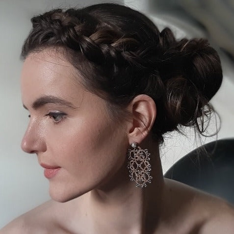 Art Deco bi-tone small lace earrings, black bronze
