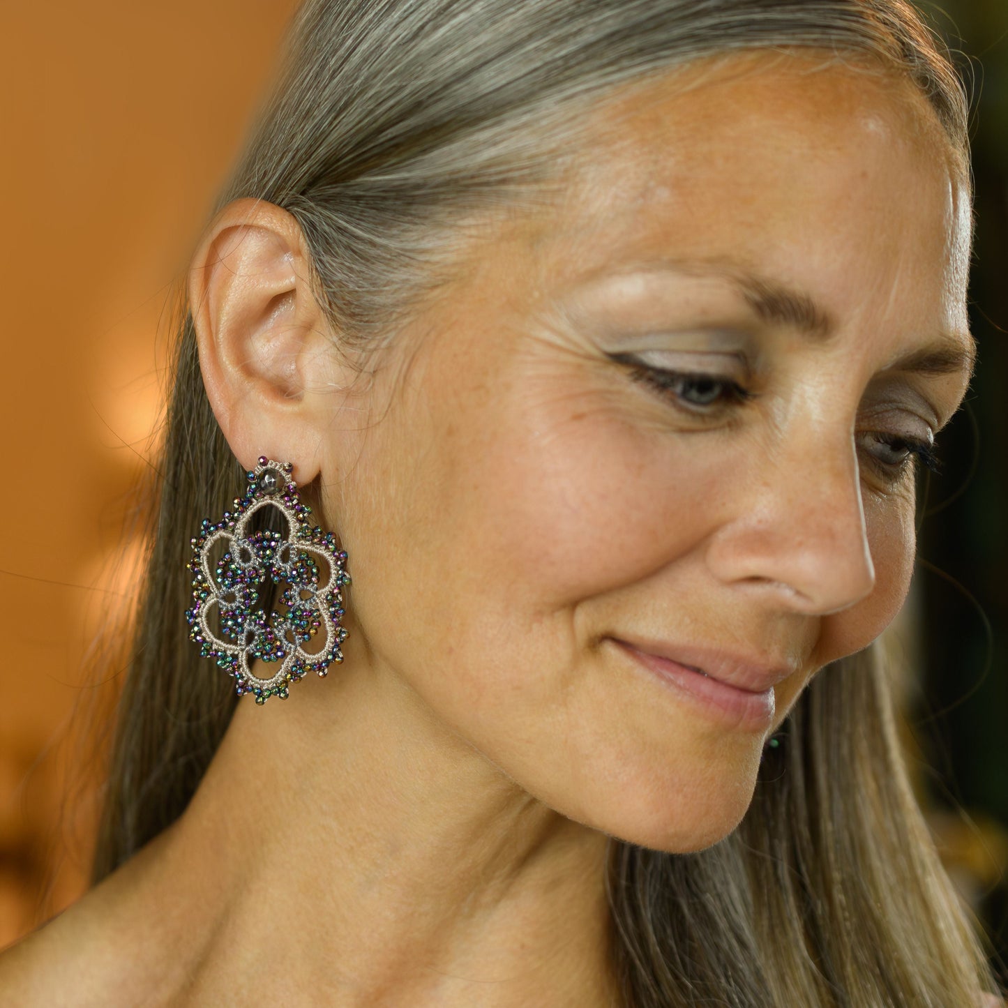 Flower lace earrings, vintage green silver
