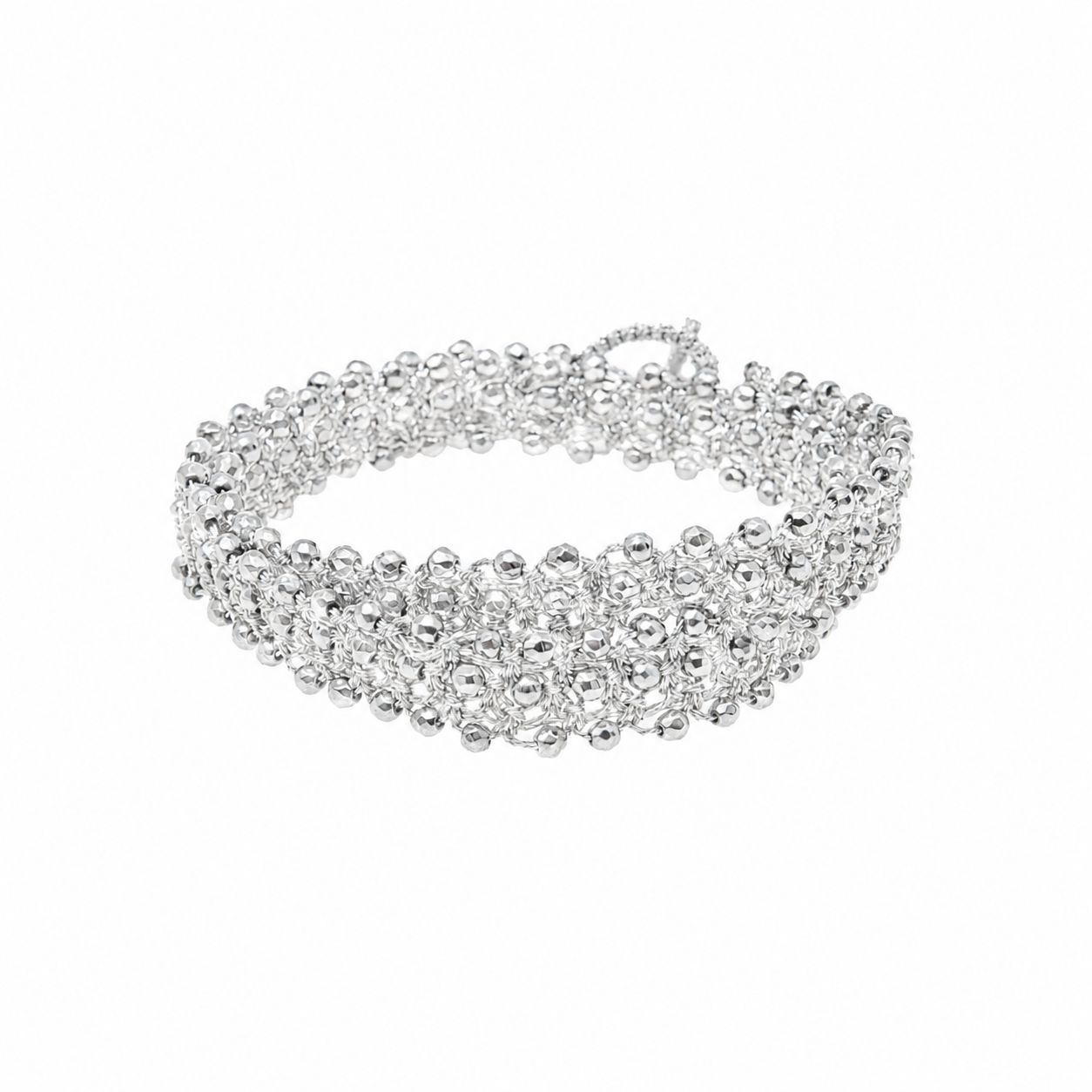 Double Tennis handcrafted lace silver bracelet with gemstones on a white background