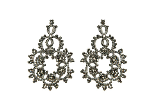 Agatha lace earrings, grey dark grey close up