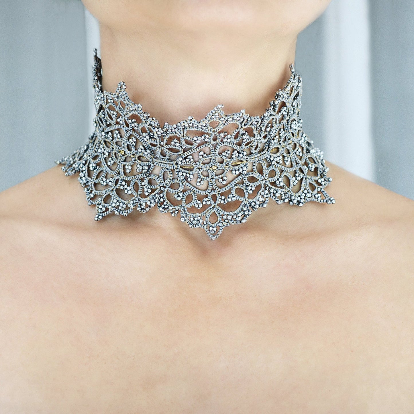 Front view of Ariadne lace choker being worn