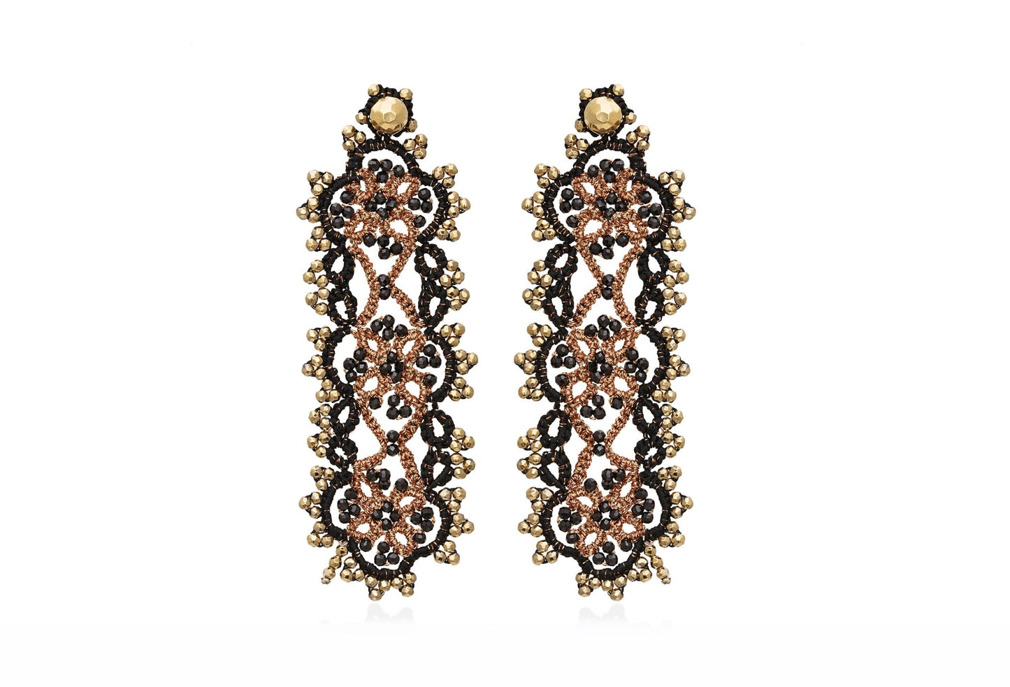 Art Deco handcrafted gemstone lace earrings black gold