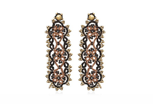 Art Deco handcrafted gemstone lace earrings black gold