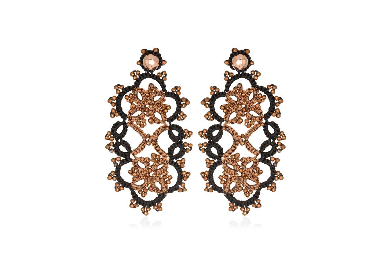 Art Deco handcrafted gemstones lace earrings black bronze