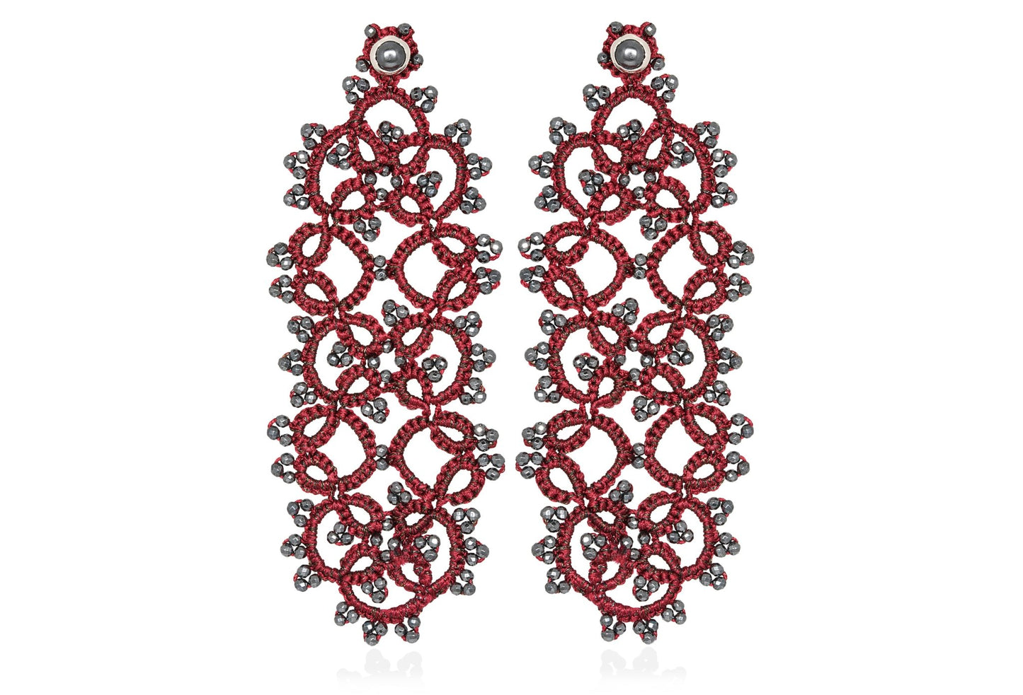 Art Deco handcrafted gemstone lace earrings burgundy grey