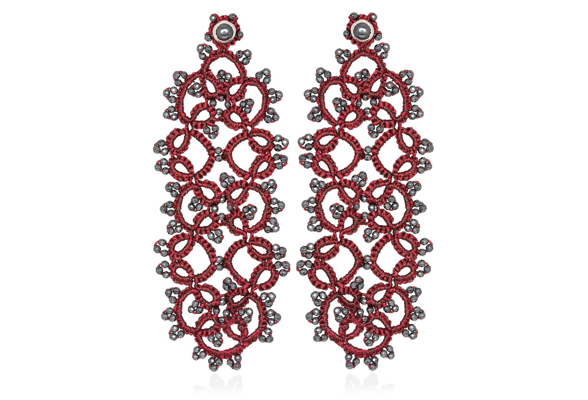 Art Deco handcrafted gemstone lace earrings burgundy grey