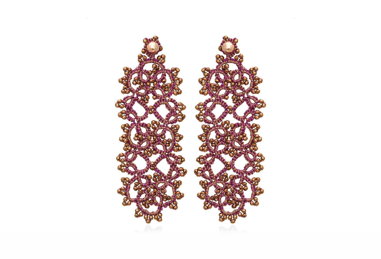 Art Deco handcrafted gemstone lace earrings magenta gold