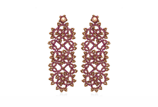 Art Deco handcrafted gemstone lace earrings magenta gold