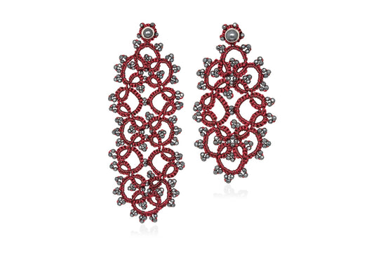 Art Deco handcrafted gemstone lace earrings burgundy grey