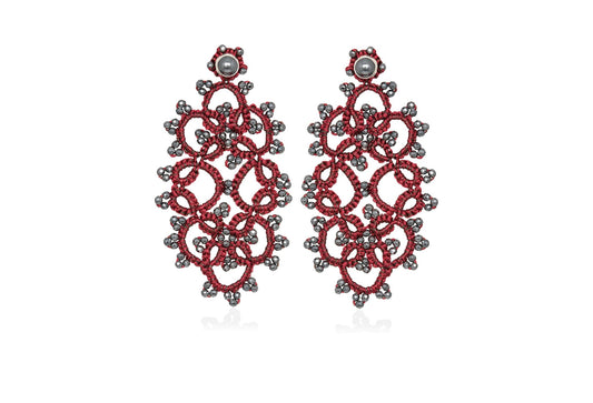 Art Deco handcrafted gemstone lace earrings burgundy grey