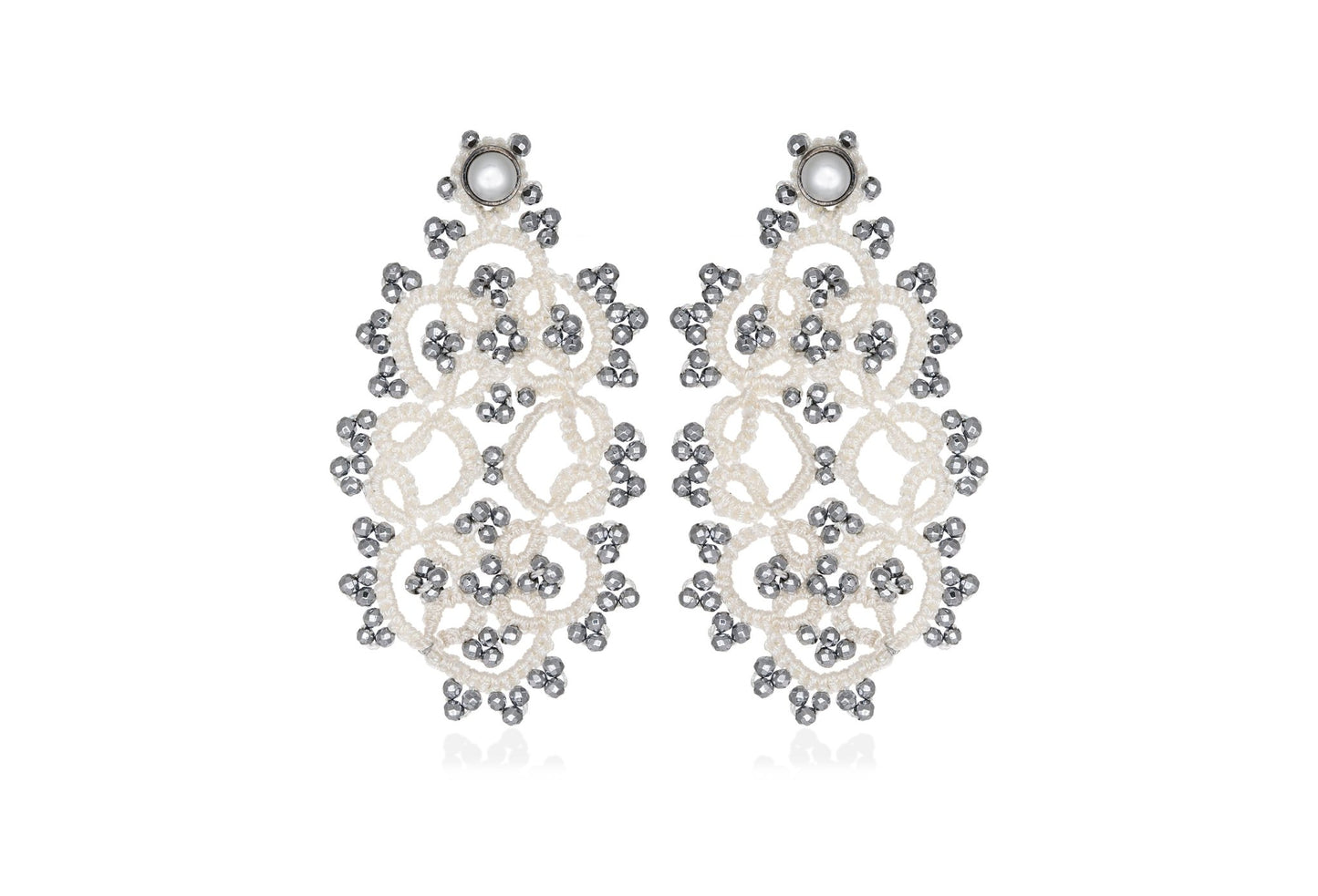 Art Deco handcrafted gemstone lace earrings white grey