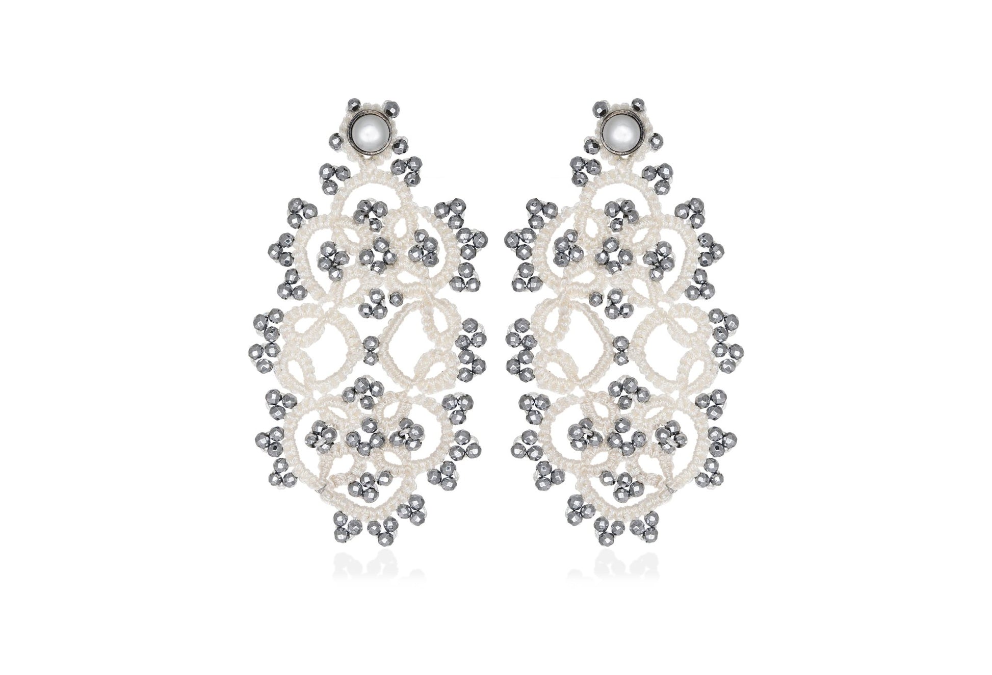 Art Deco handcrafted gemstone lace earrings white grey