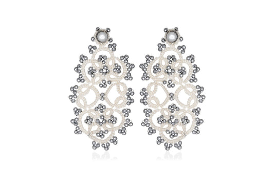 Art Deco handcrafted gemstone lace earrings white grey