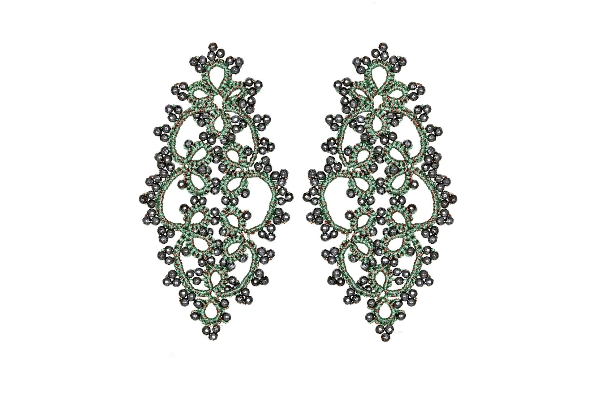 Carol handcrafted gemstone lace earrings olive green grey