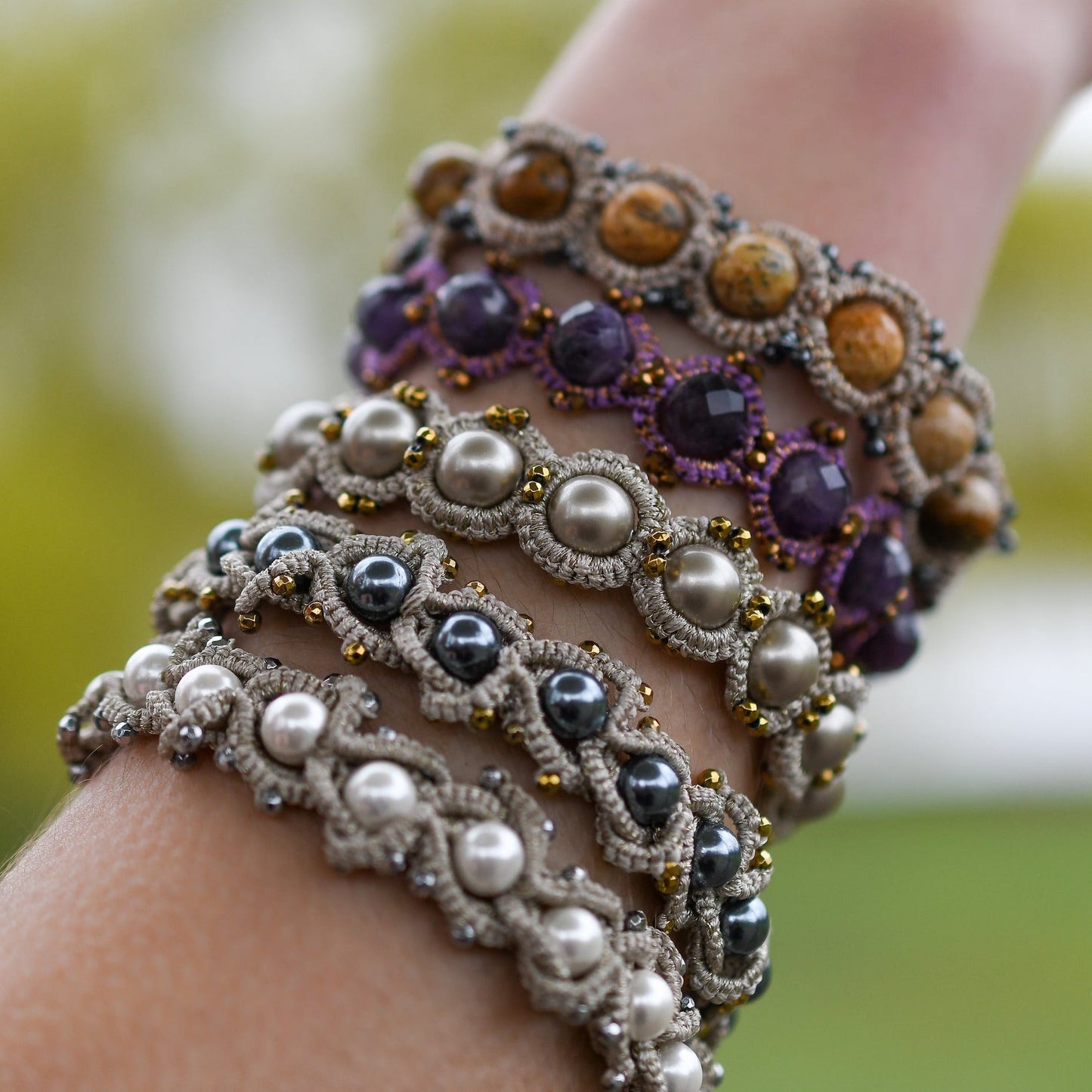 Chic handcrafted gemstone lace bracelet being worn