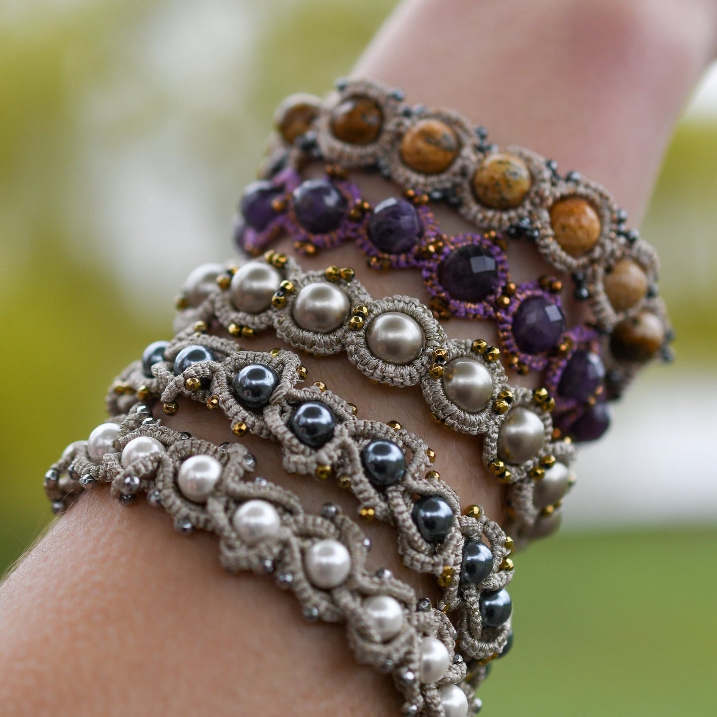 Chic handcrafted gemstone lace bracelet being worn