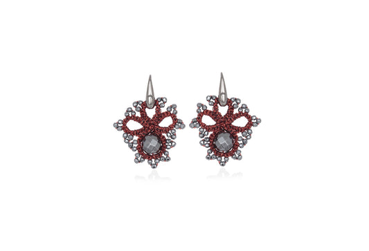 Claire handcrafted gemstone lace earrings burgundy grey