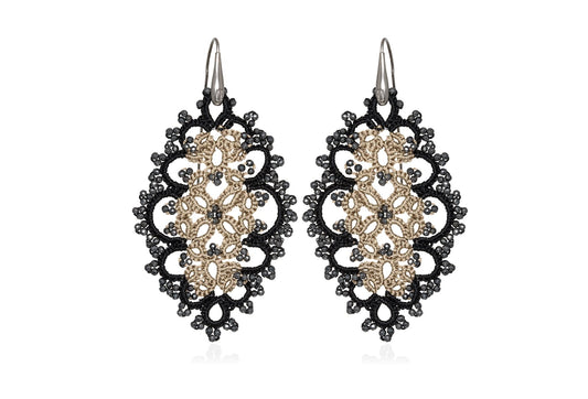 Diana handcrafted gemstone lace earrings black beige grey