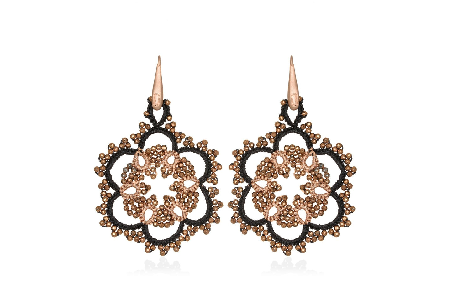 Flower handcrafted gemstone lace earrings black nude bronze