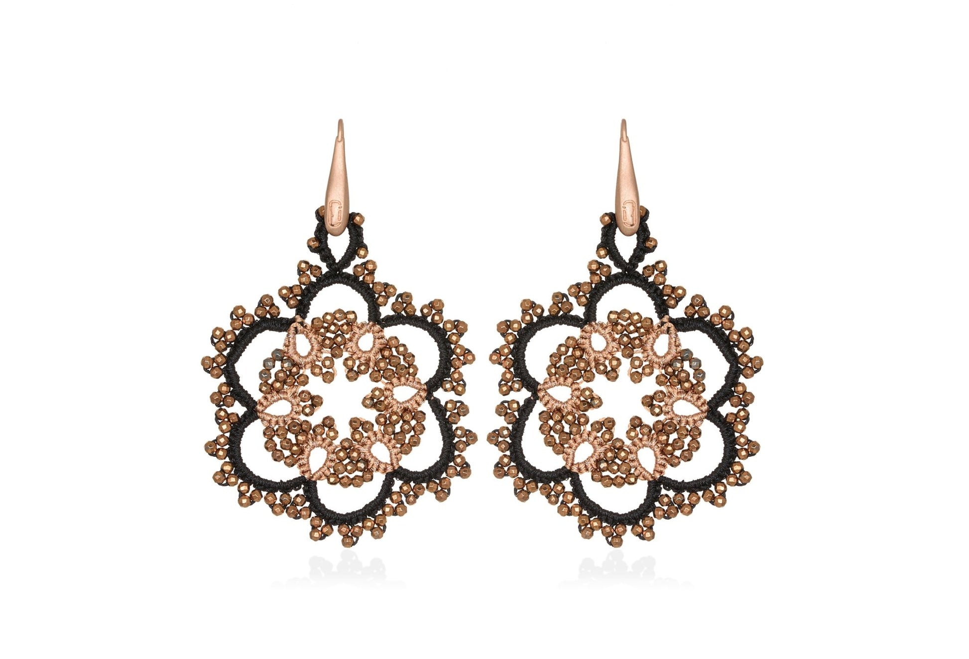 Flower handcrafted gemstone lace earrings black nude bronze