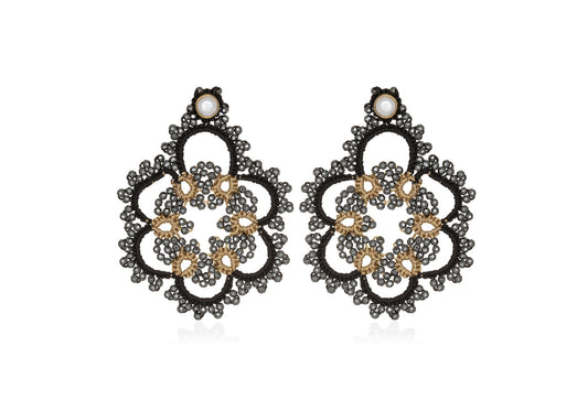 Contessina Lace JewelleryFlower bi - tone lace earrings, gold black dark grey