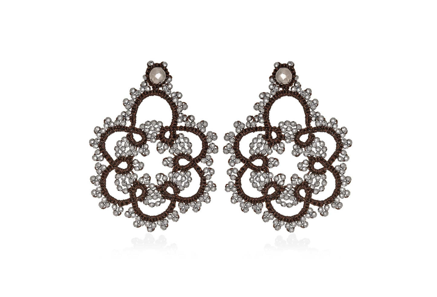 Flower handcrafted gemstone lace earrings bronze silver