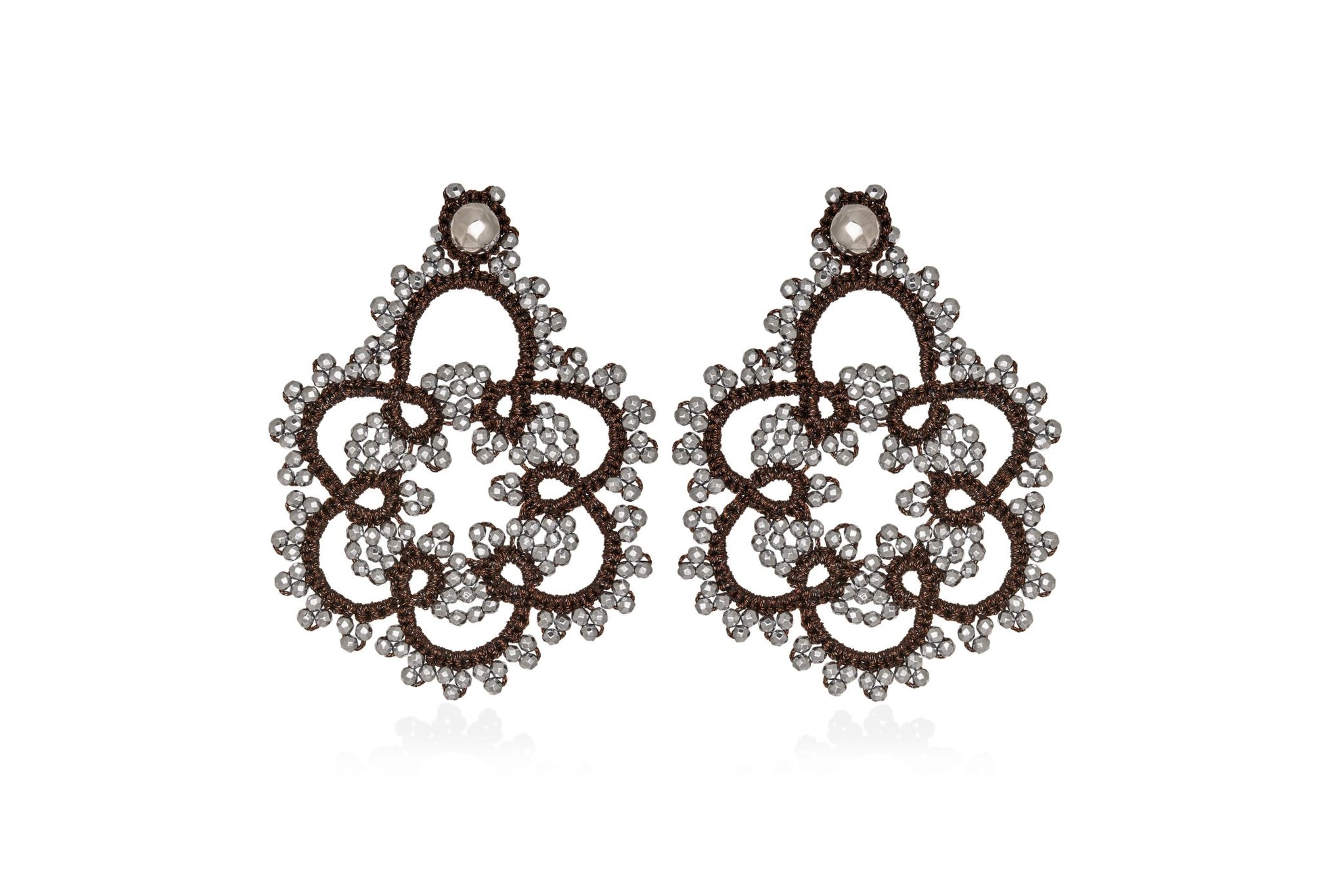 Flower handcrafted gemstone lace earrings bronze silver