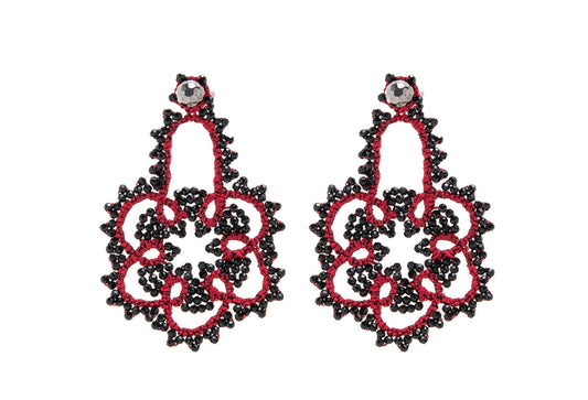 Flower handcrafted gemstone lace earrings festive red black