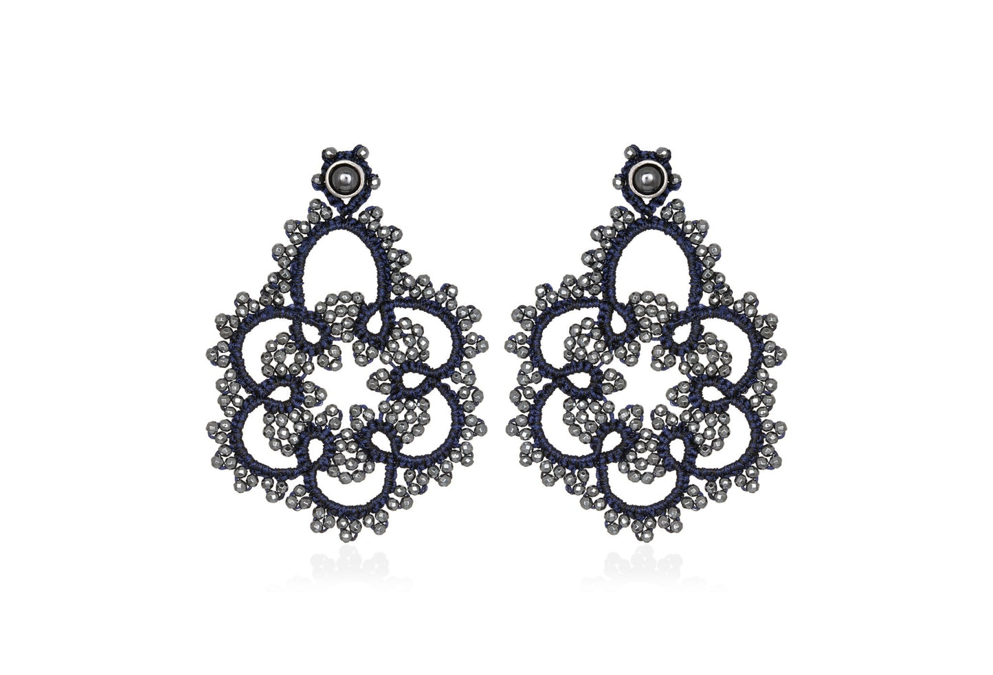 Flower handcrafted gemstone lace earrings navy blue grey